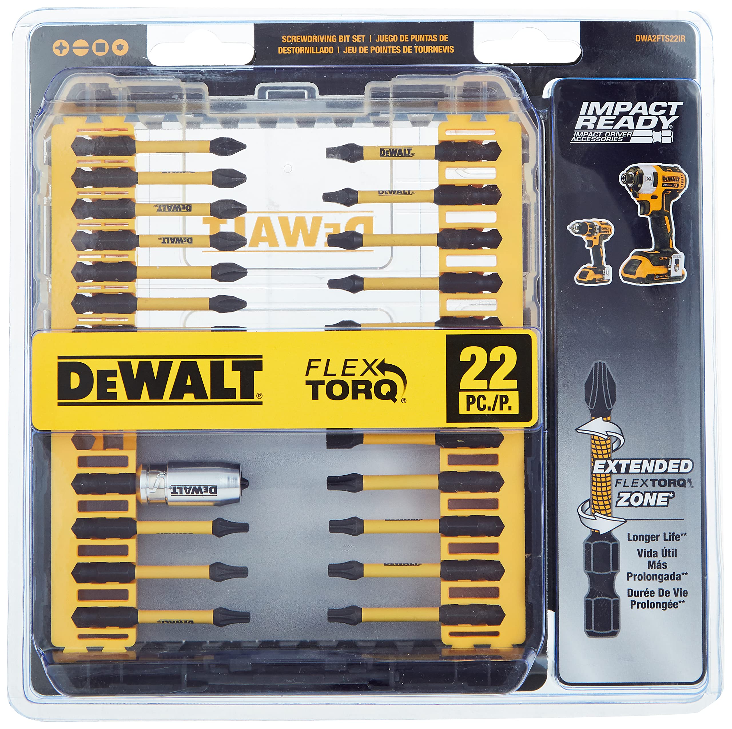 DEWALT FlexTorq 22pc bit tip closeup shows CNC precision for a secure fit.