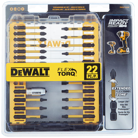 DEWALT FlexTorq 22pc bit tip closeup shows CNC precision for a secure fit.