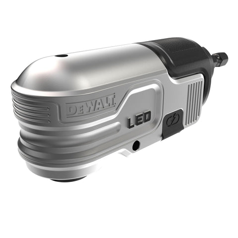 DEWALT FLEXTORQ lighted right-angle attachment in use, boosting visibility in tight spaces.