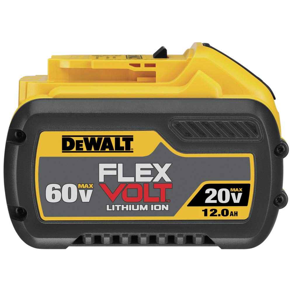 DEWALT FLEXVOLT 12.0Ah battery close-up showing robust build and runtime potential.