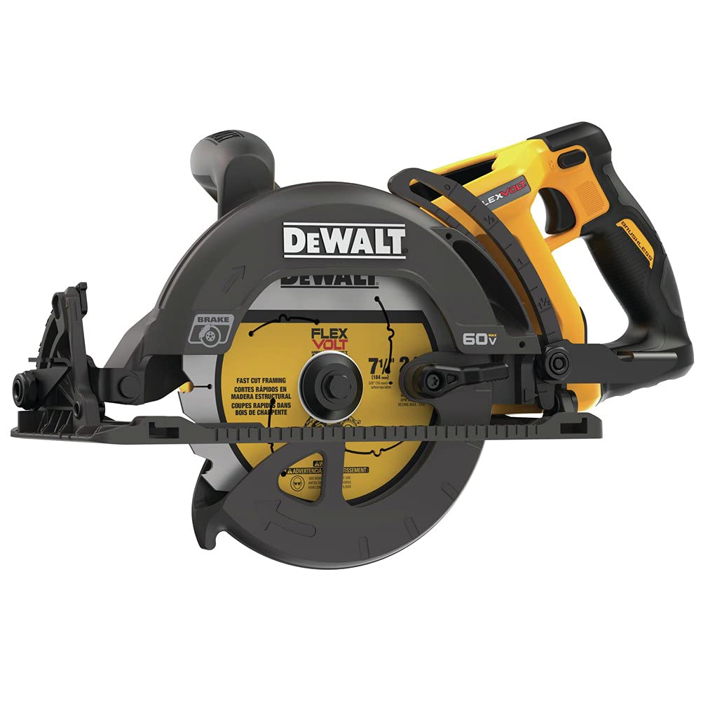DEWALT FLEXVOLT 60V circular saw left of motor for clearer line of sight during cuts