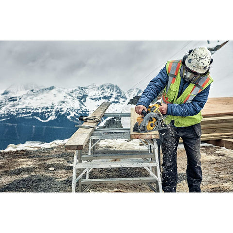 DEWALT rafter hook keeps the saw handy on site