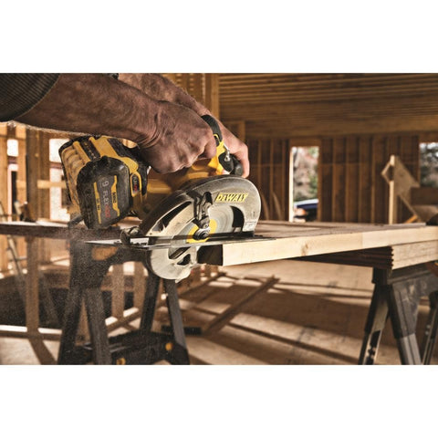 DEWALT FLEXVOLT 60V Max circular saw beveled to 57 degrees for precise angles