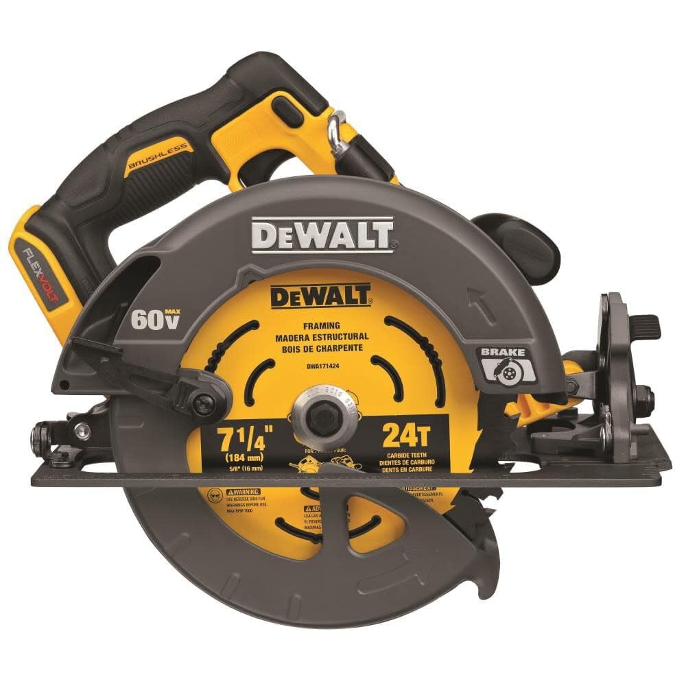 DEWALT FLEXVOLT 60V Max circular saw with rafter hook for easy storage between rips