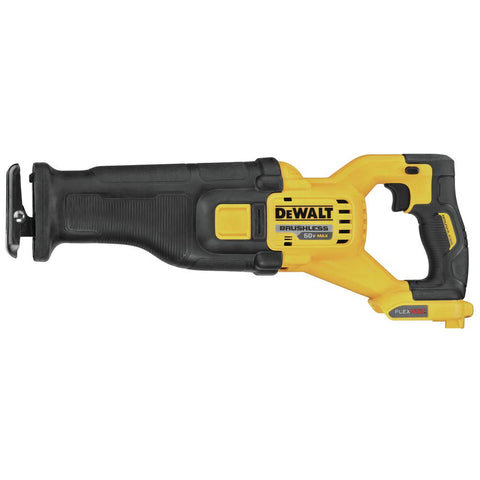 DEWALT FLEXVOLT 60V MAX reciprocating saw front view emphasizes cordless power for fast cuts.