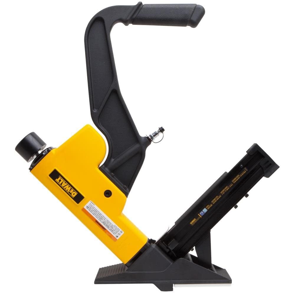 DEWALT DWFP12569 action shot illustrates compatibility with 15.5ga staples and 16ga L cleats.