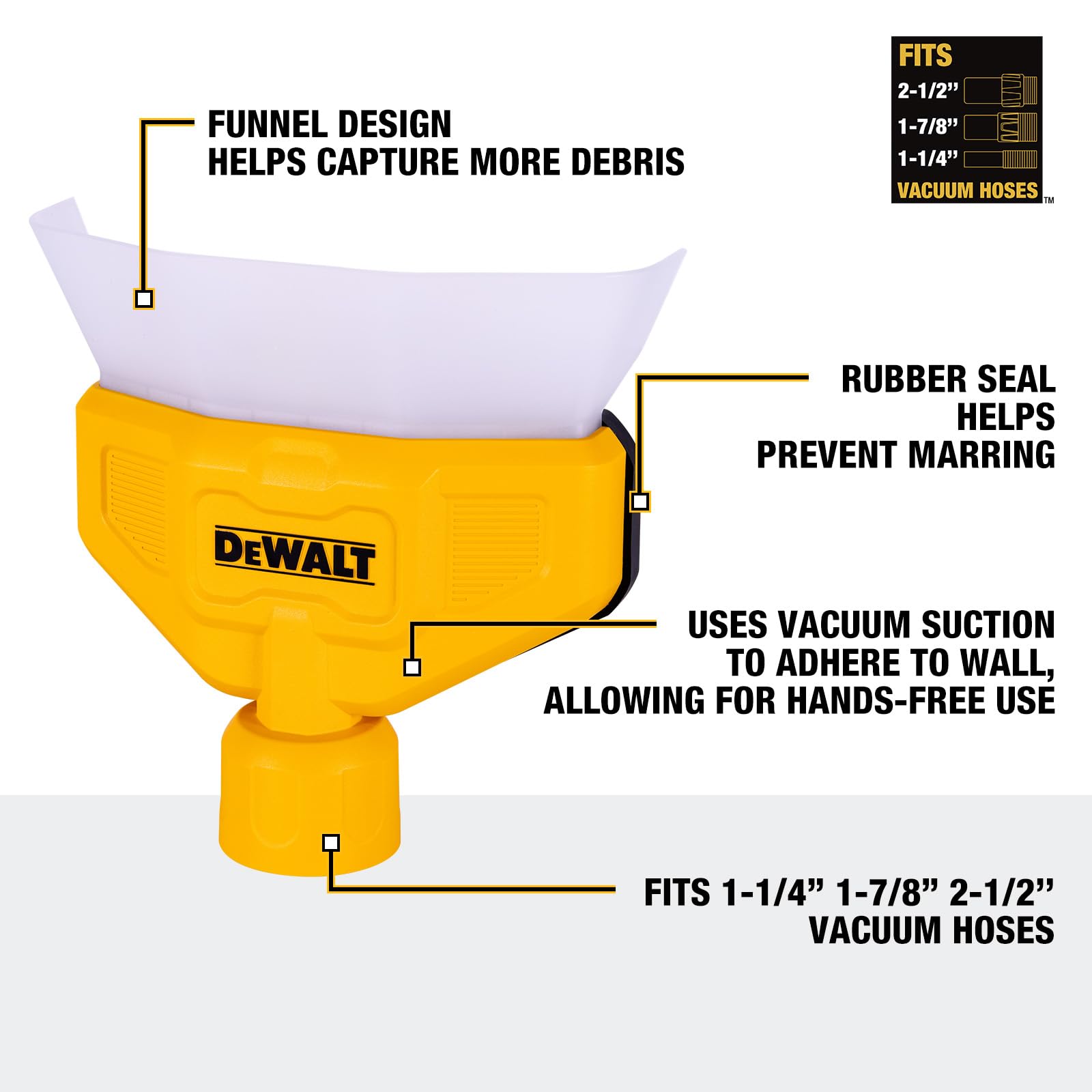 DEWALT hands-free suction attachment enables wall mounting during vacuuming tasks.