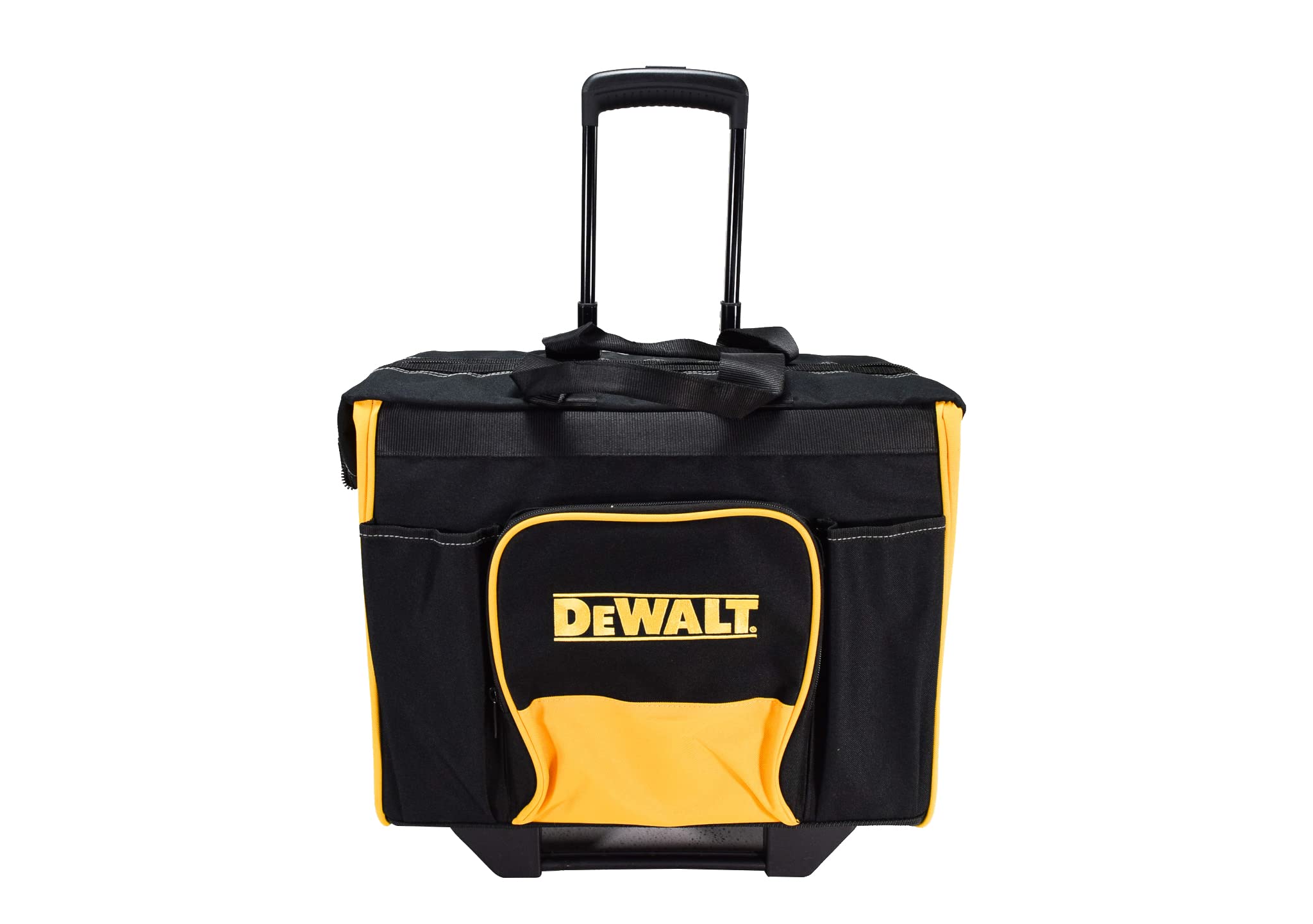 DEWALT hard bottom roller bag front pockets for organized tool storage.