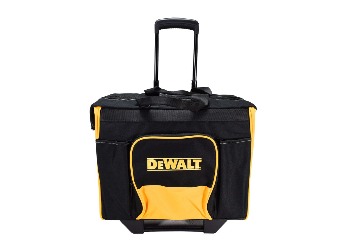 DEWALT hard bottom roller bag front pockets for organized tool storage.