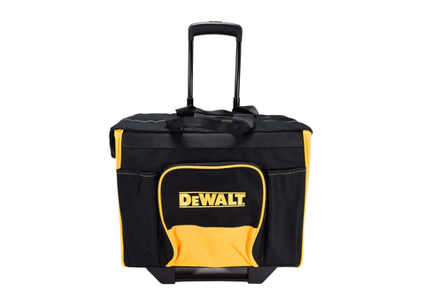 DEWALT hard bottom roller bag front pockets for organized tool storage.