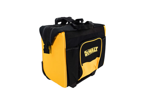 DEWALT hard bottom roller bag steel zipper keeps tools secure.