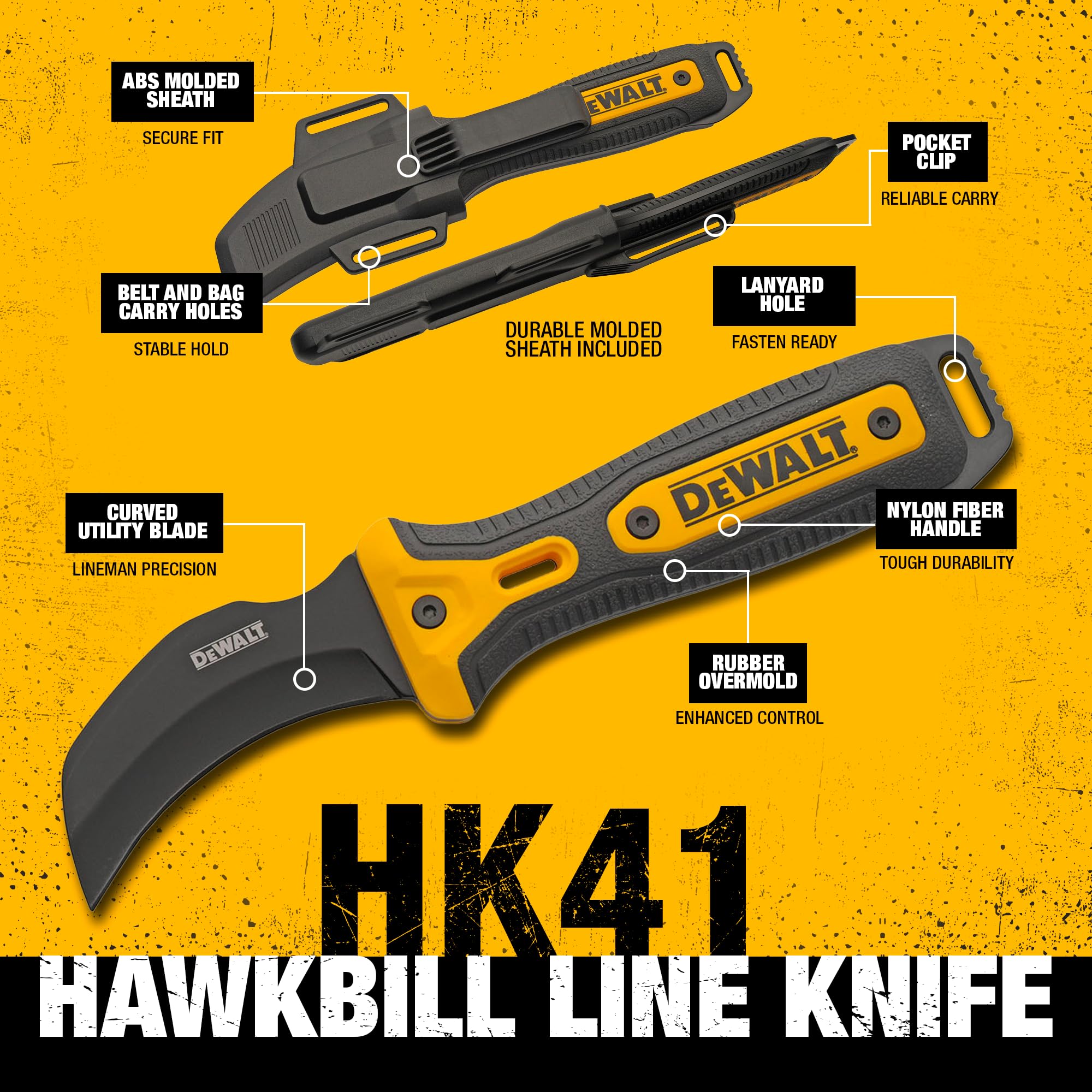 DEWALT Hawkbill Line Knife secured in ABS sheath for safe transport