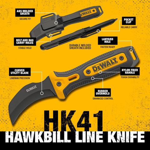 DEWALT Hawkbill Line Knife secured in ABS sheath for safe transport