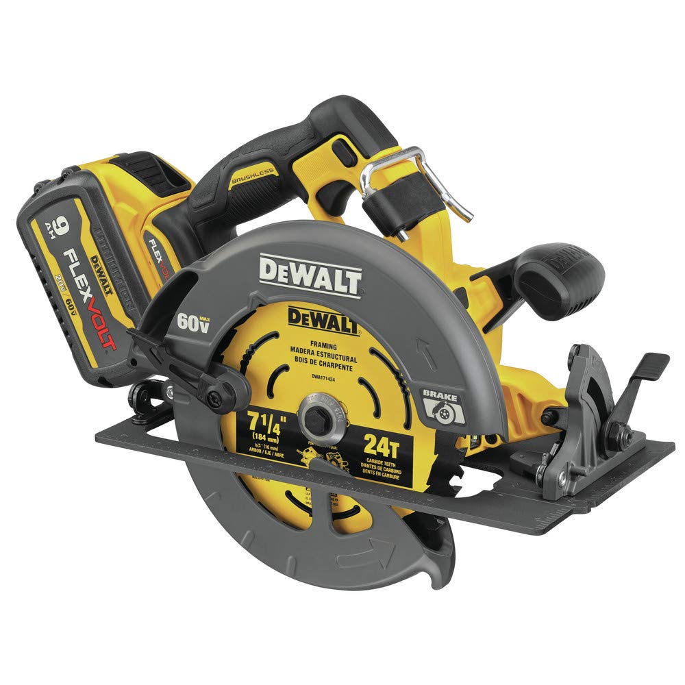 Integrated LED lighting on DEWALT circular saw improving visibility