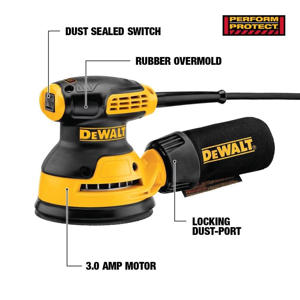 DEWALT orbital sander counterweight reduces vibration for comfortable use.