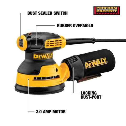 DEWALT orbital sander counterweight reduces vibration for comfortable use.