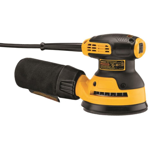 DEWALT orbital sander with 3-amp motor delivering steady 12,000 OPM.
