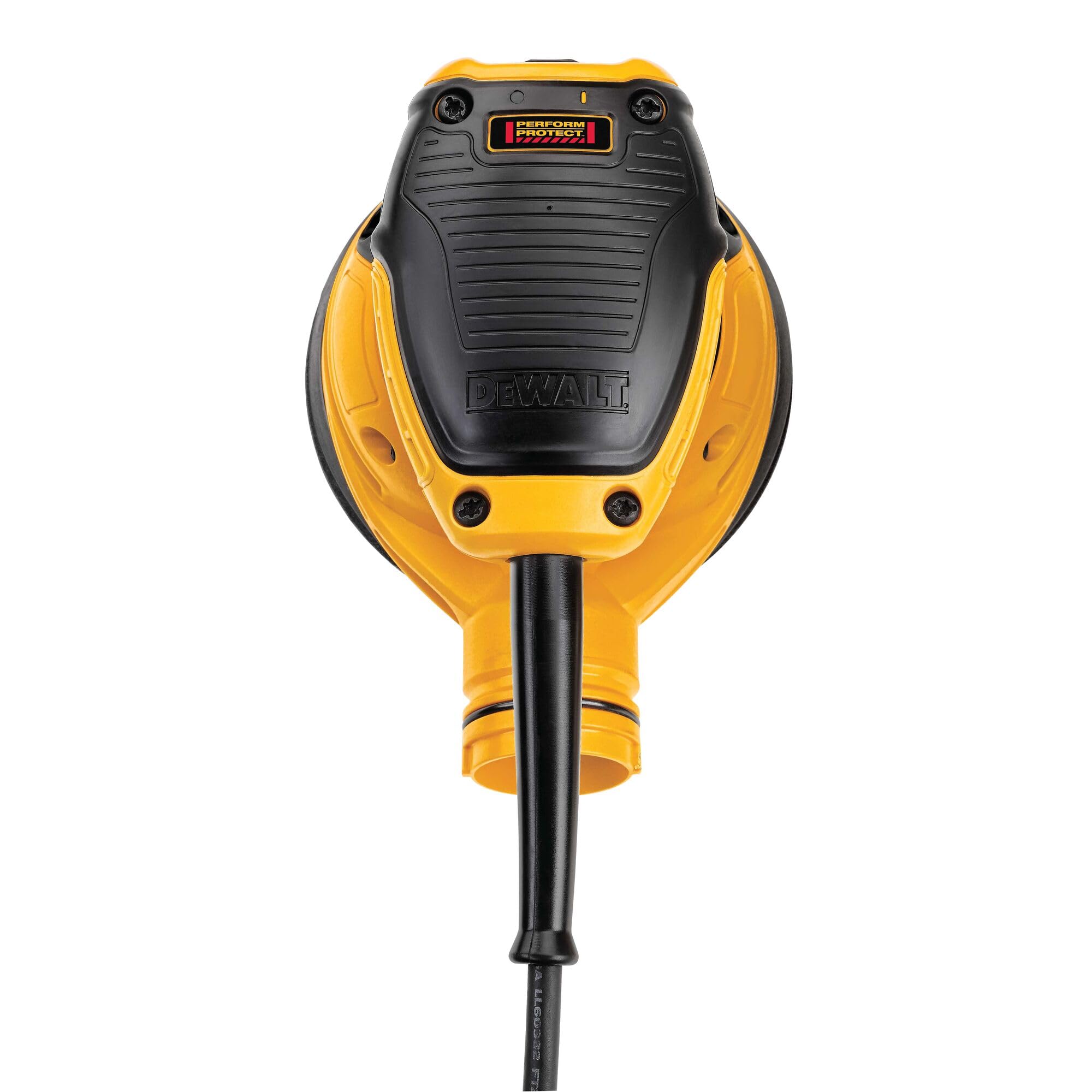 DEWALT orbital sander with rubber over-mold grip for secure handling.