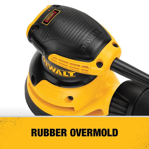 DEWALT orbital sander with one-handed locking dust bag for easier dust control.