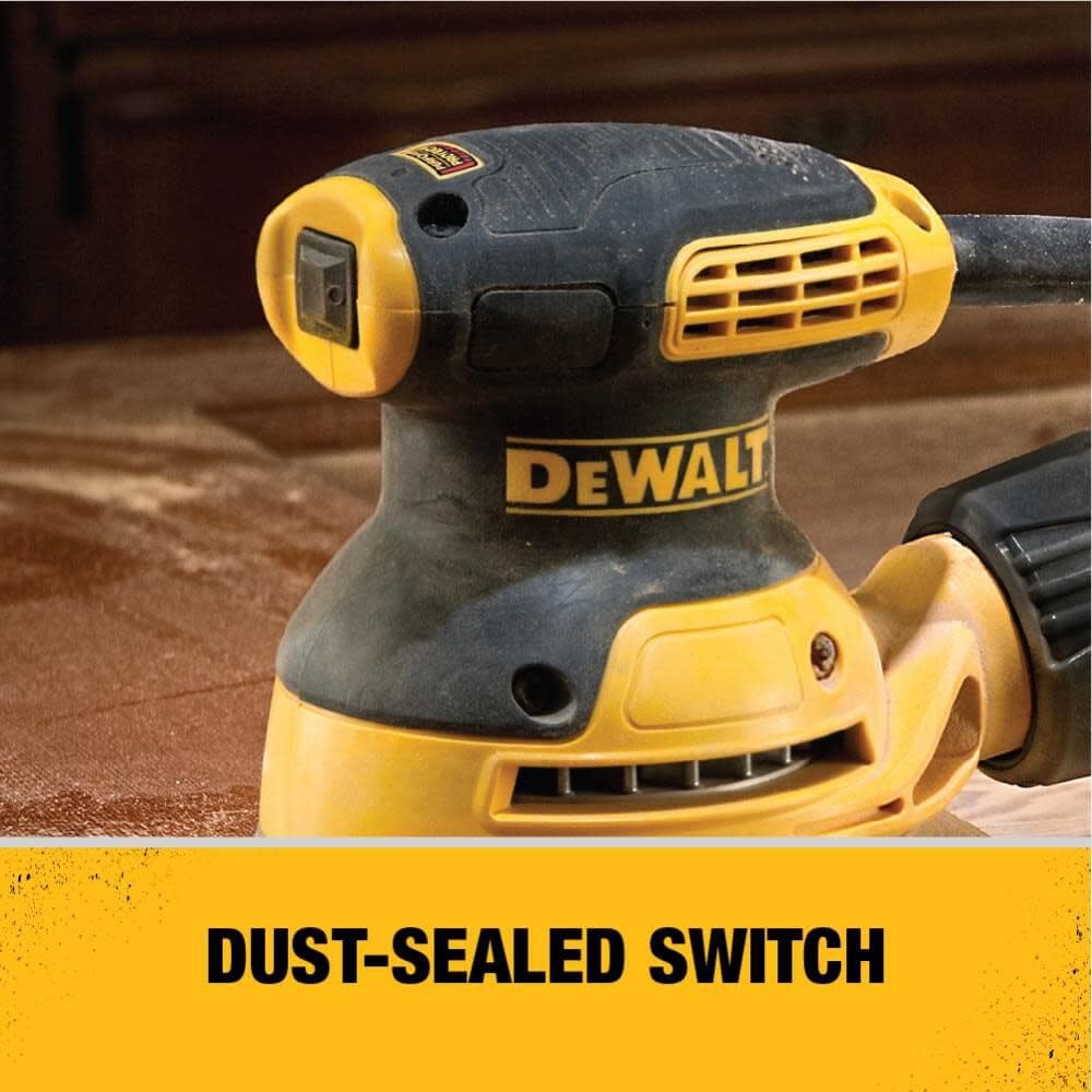 DEWALT orbital sander showing dust-sealed switch protecting internal components.
