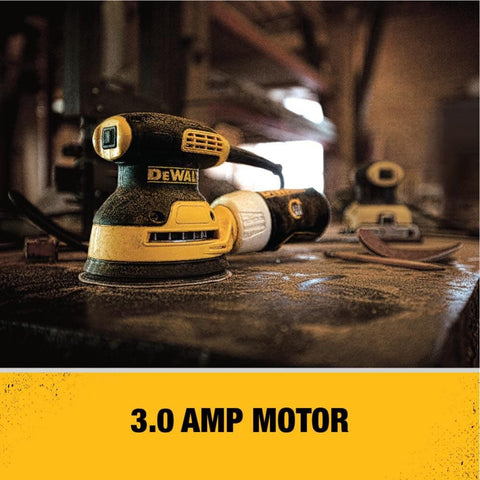 DEWALT orbital sander, dust port connects to compatible dust collectors.