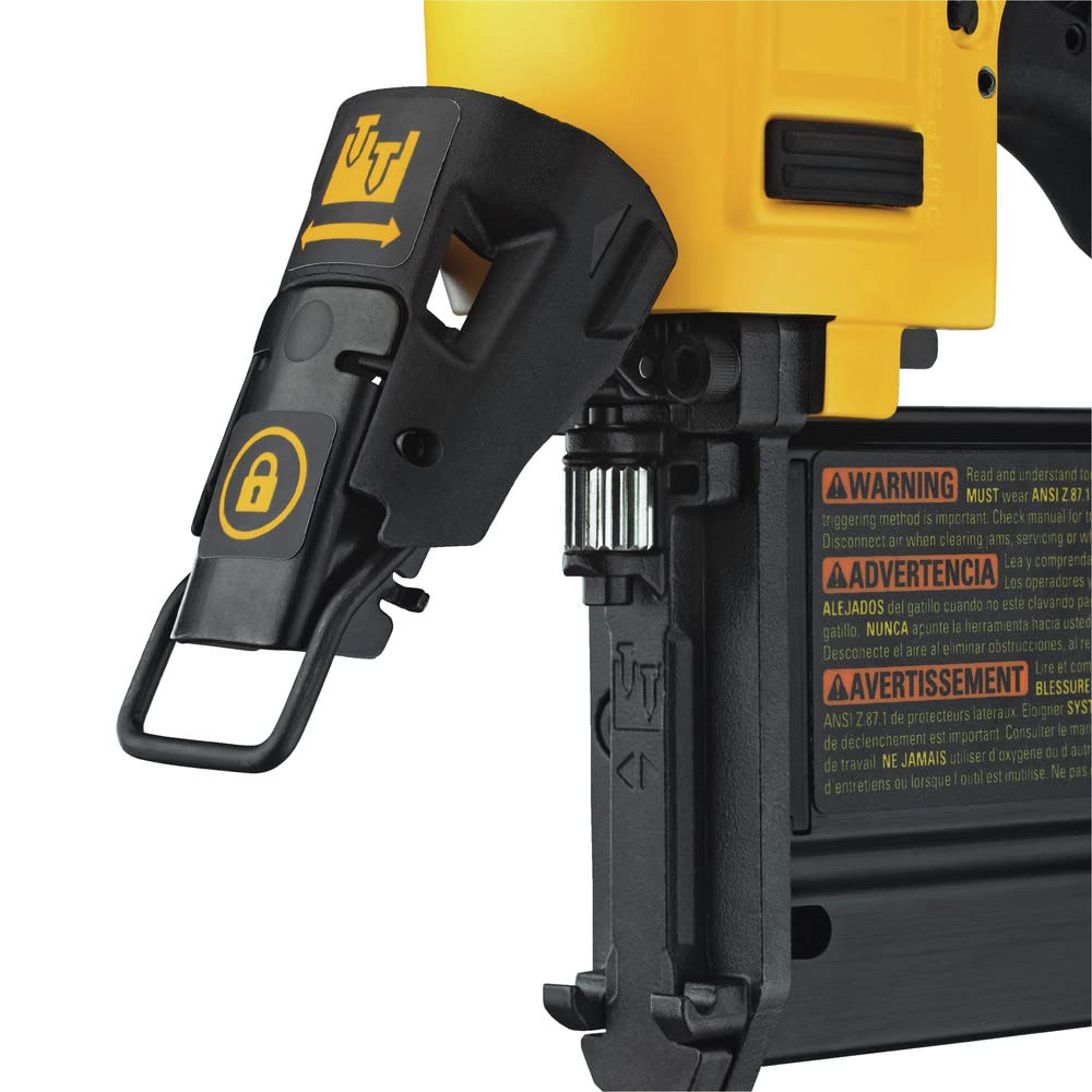 DEWALT pin nailer depth adjustment helps drive recessed fasteners precisely.