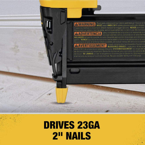 DEWALT pin nailer accepts five-eighths to two-inch 23 GA pins.