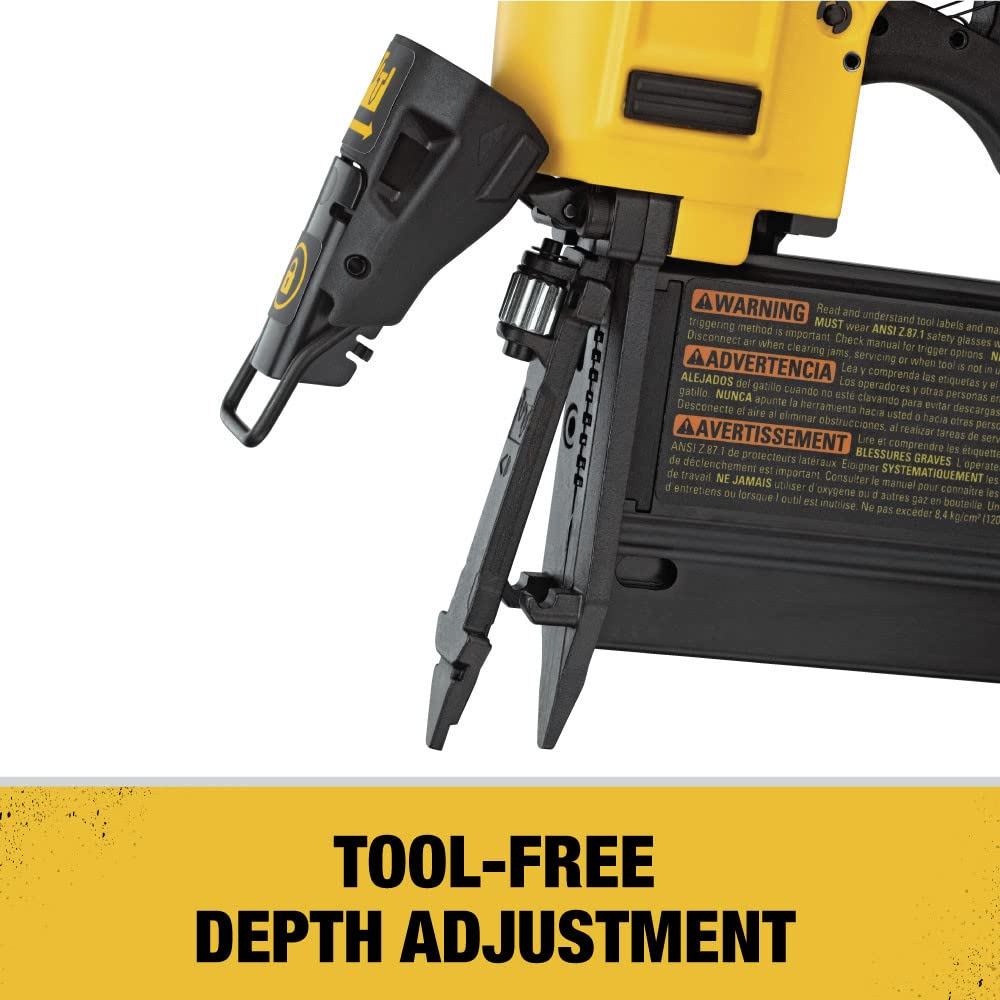 DEWALT pin nailer shows low nail lockout for fewer misfires.