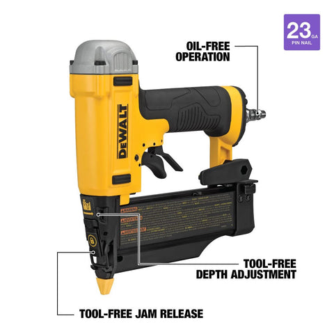 DEWALT pin nailer features a reversible belt hook for hands-free carrying.