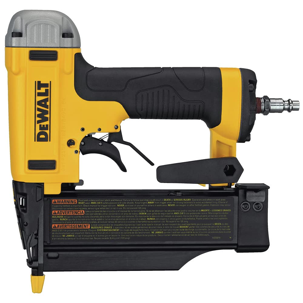 DEWALT pin nailer with tool-free jam release enables quick nail removal.