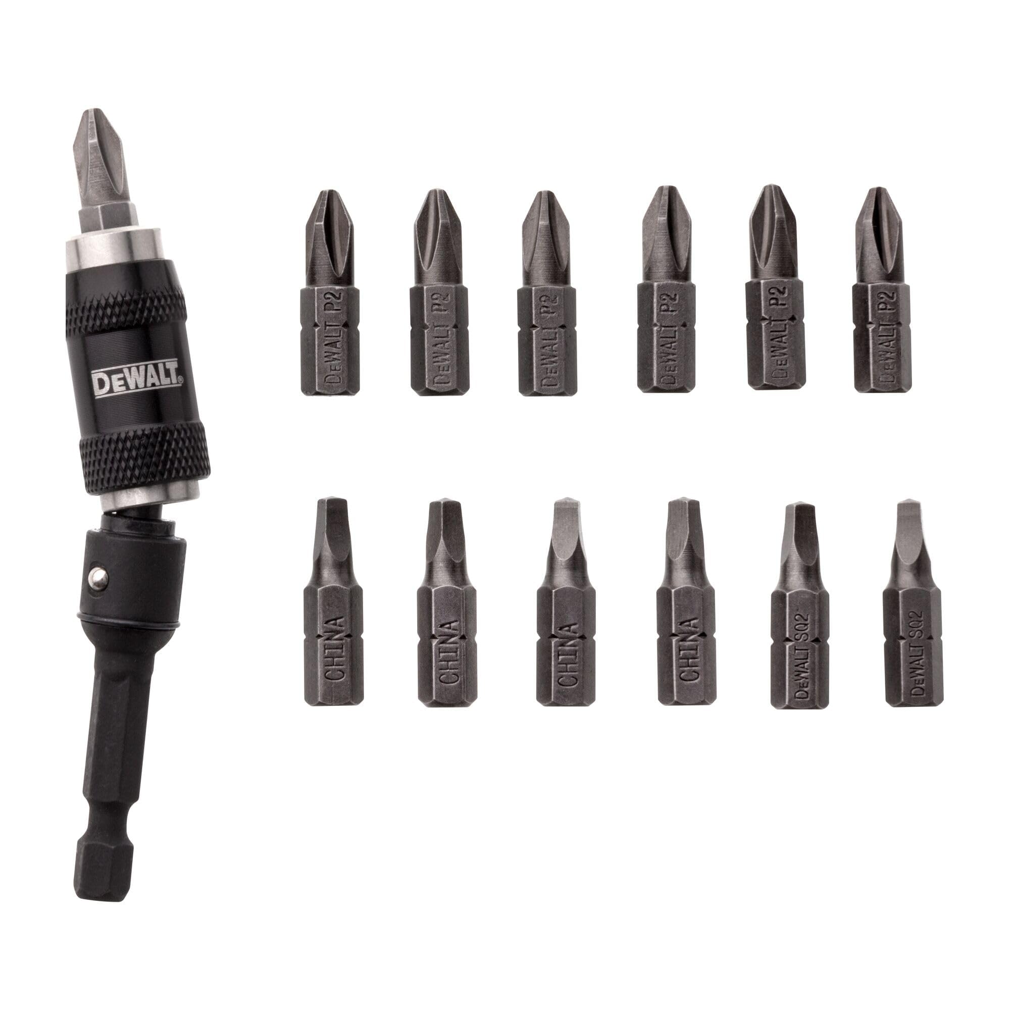 DEWALT Pivot Bit Holder Set with magnetized tips for fast, stable screwdriving in tight spaces.