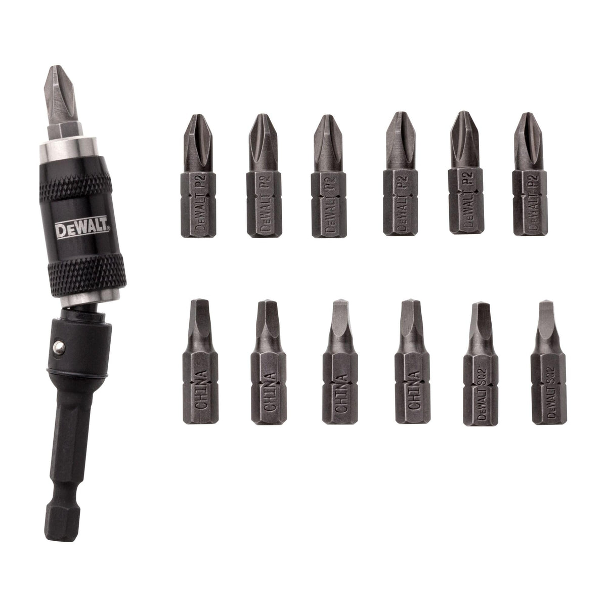 DEWALT Pivot Bit Holder Set with magnetized tips for fast, stable screwdriving in tight spaces.