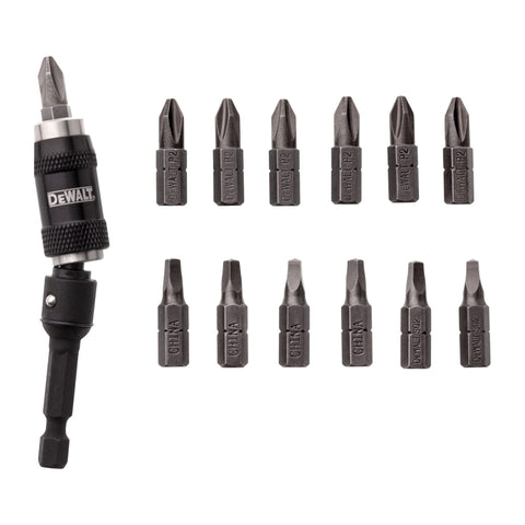 DEWALT Pivot Bit Holder Set with magnetized tips for fast, stable screwdriving in tight spaces.
