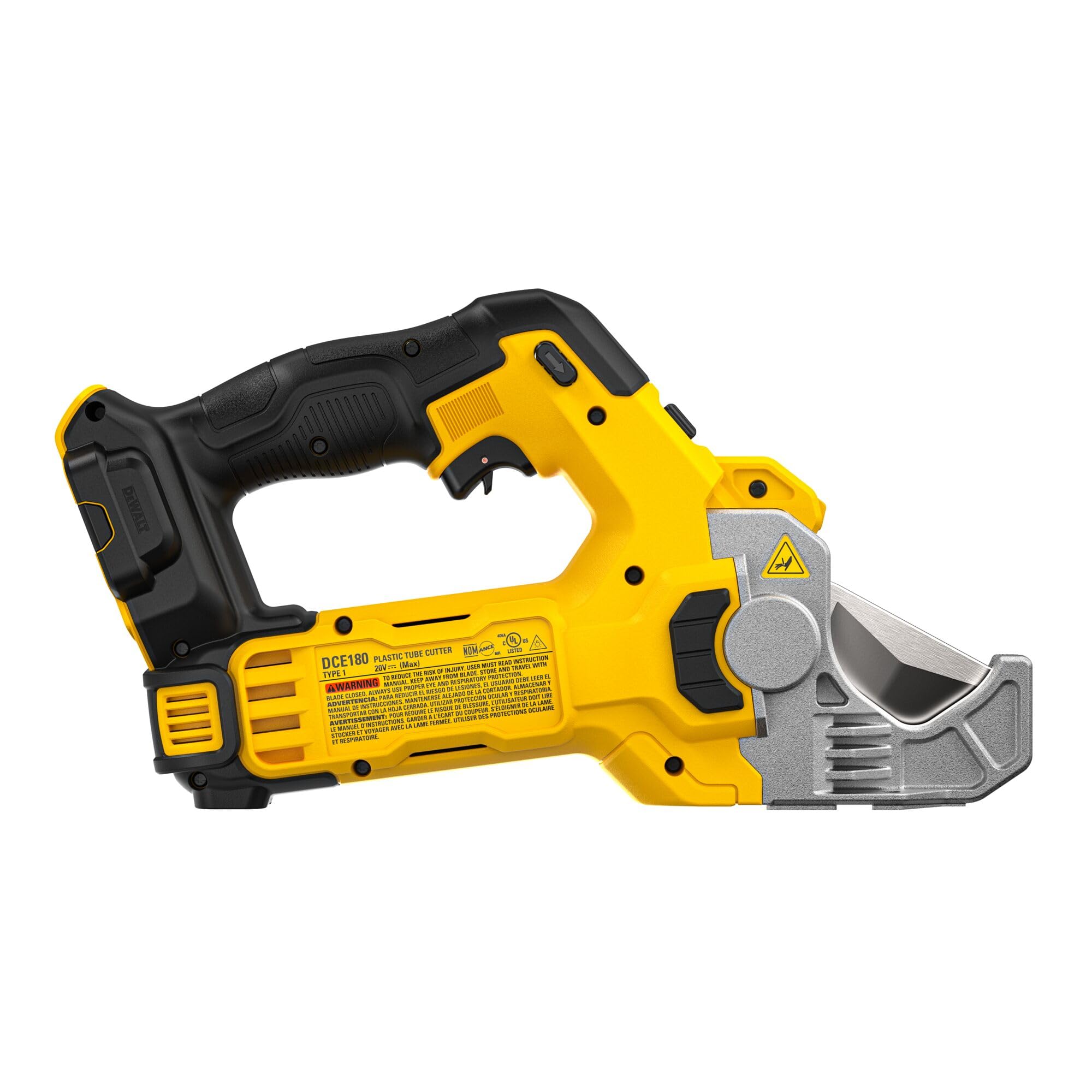 Close-up of corrosion-resistant blade on DEWALT DCE180B.
