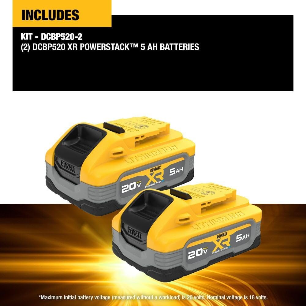 DEWALT Powerstack 20V Max 5Ah battery front view with gauge.