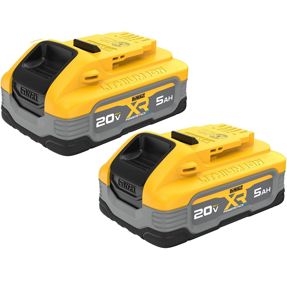 DEWALT Powerstack 20V Max 5Ah battery side view showing rugged base.