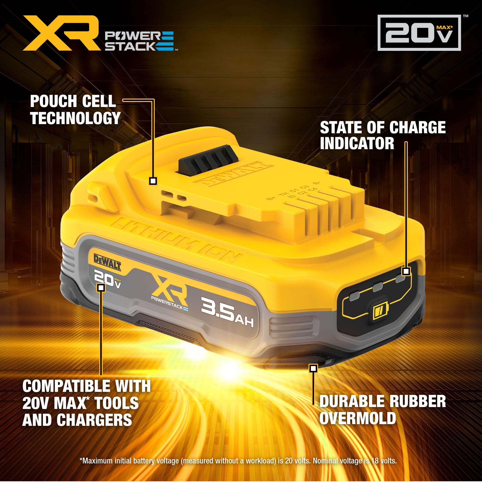 DEWALT Powerstack 3.5Ah battery with a compact ergonomic profile for tight spaces.