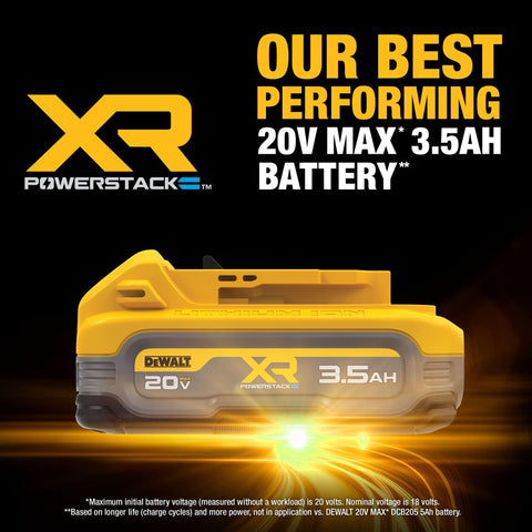 DEWALT Powerstack 3.5Ah battery featuring a rugged overmolded base for durability.