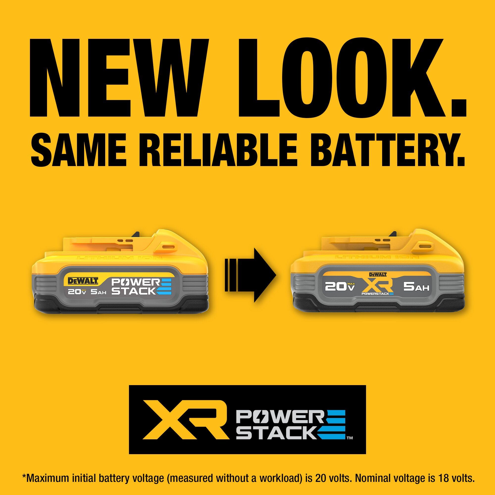 DEWALT PowerSTACK 5Ah battery in tool demonstrates compatibility with 20V MAX tools