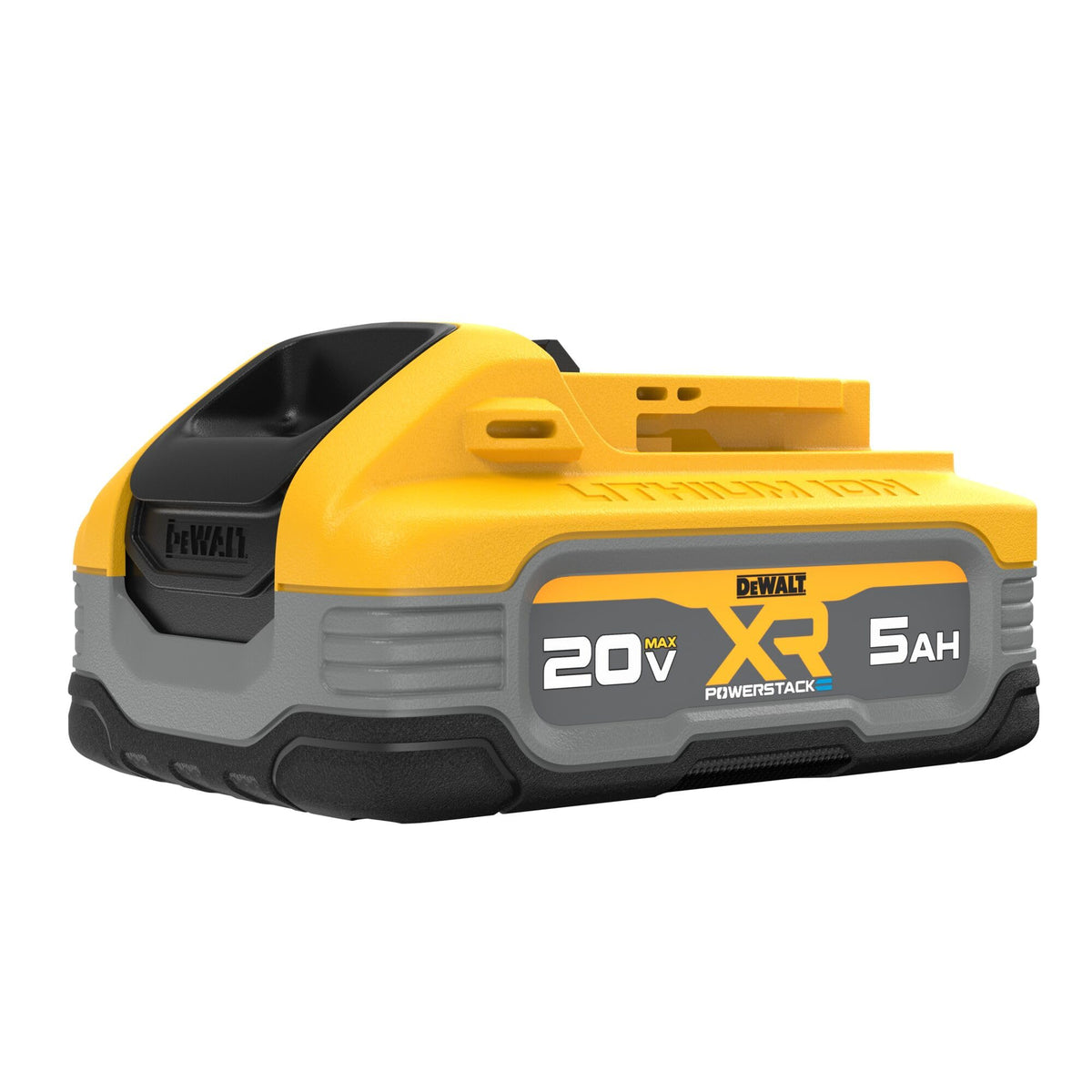 DEWALT PowerSTACK 5Ah battery top view showing compact design for easier handling