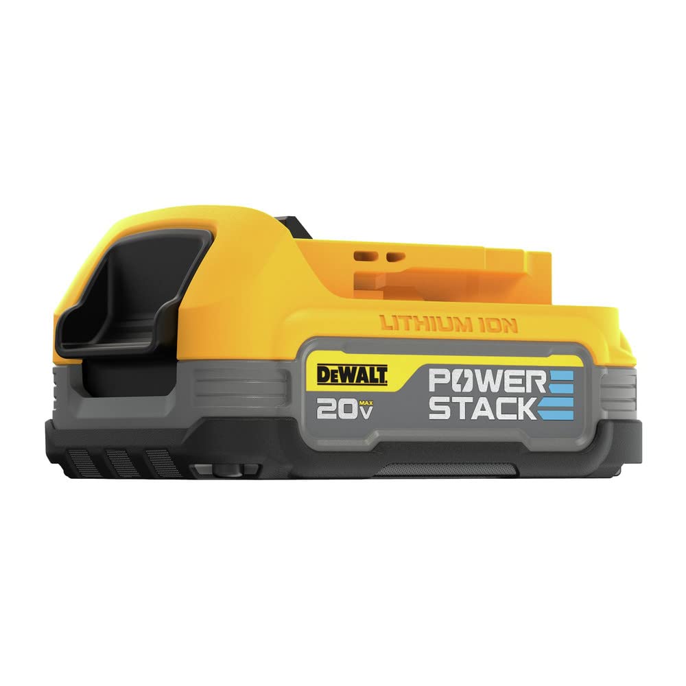 DEWALT PowerSTACK battery front view shows compact design for portability.
