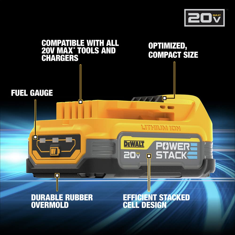 DEWALT PowerSTACK compact battery fits in tight spaces during overhead work.