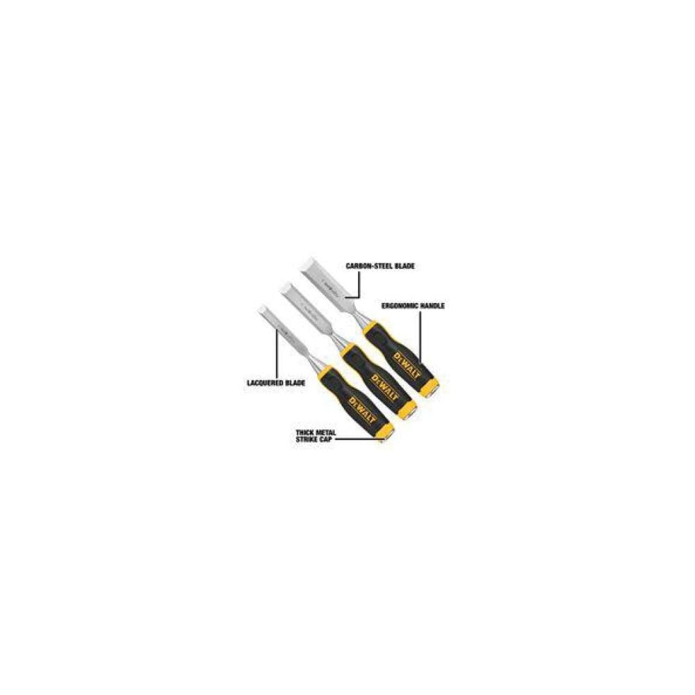 DEWALT Pro Wood Chisel Set 3 Piece blade close-up highlights tempered carbon steel blades