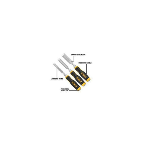 DEWALT Pro Wood Chisel Set 3 Piece blade close-up highlights tempered carbon steel blades