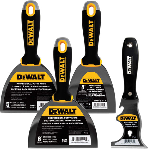 DEWALT putty knife 4-inch soft grip for smooth drywall finishes.
