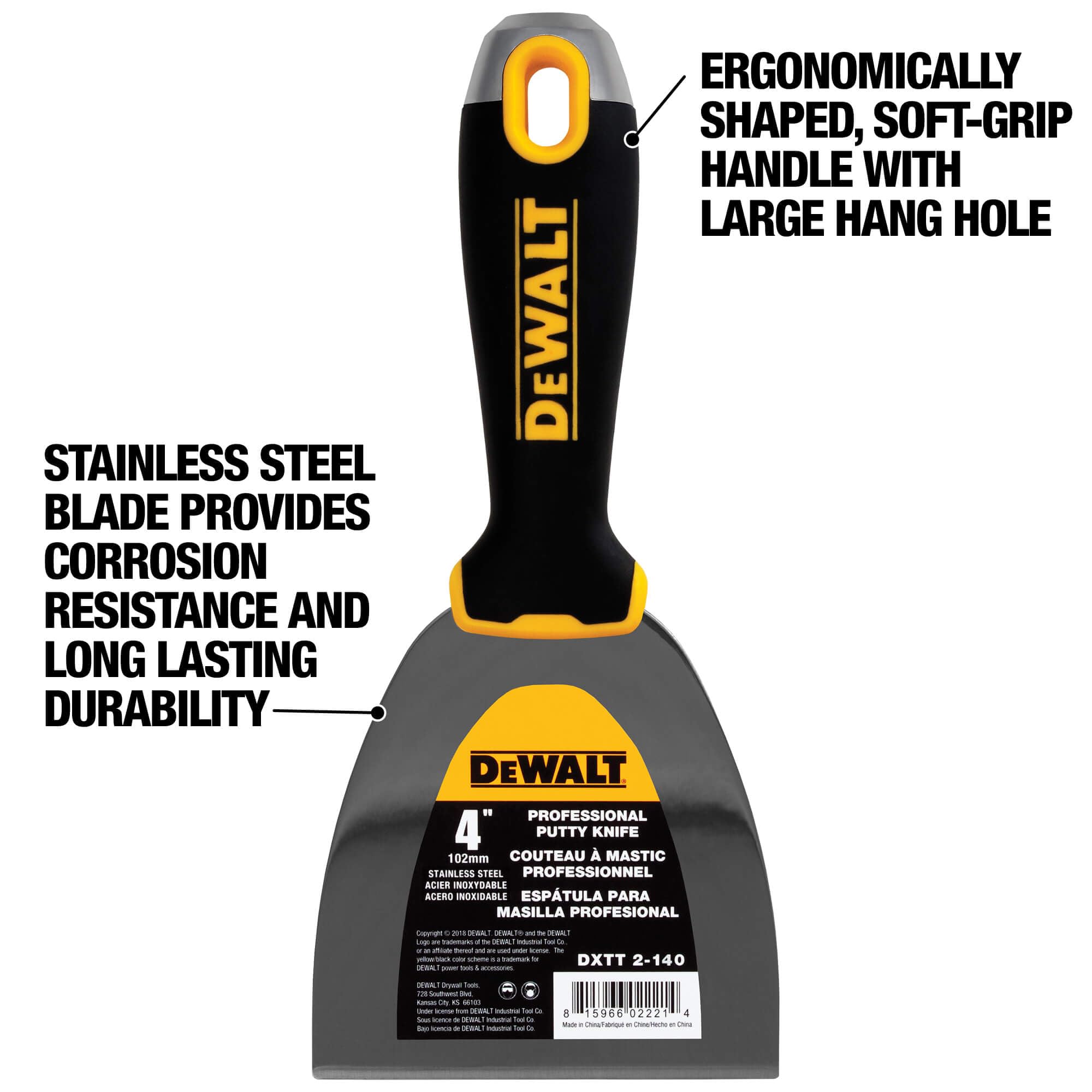 DEWALT putty knife hollow-ground blade offers precise flex and smooth finishes.