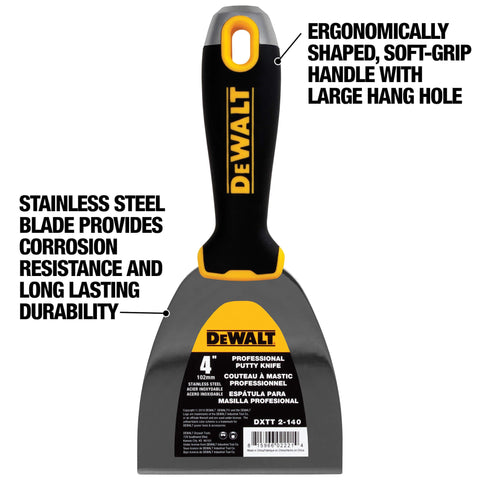 DEWALT putty knife hollow-ground blade offers precise flex and smooth finishes.