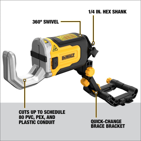 DEWALT PVC/PEX cutting setup in action with quick-change brace