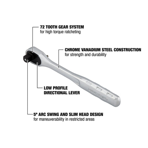 Slim head and 5-degree arc for tight spaces and precise maneuverability.