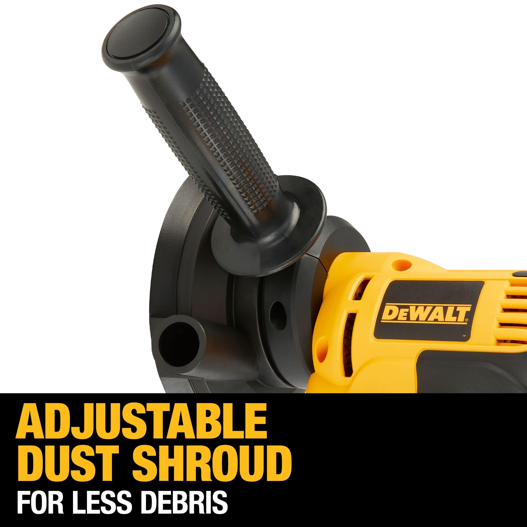 DEWALT sander with dust shroud connected to vacuum for a cleaner workspace